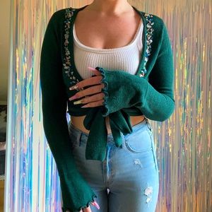 Studio Y • Cropped Tie Ballet Sweater with Polished Rock Beads